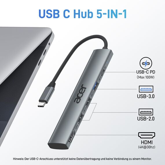 acer USB C Hub 5 in 1, Tragbarer 4K HDMI Adapter PD 100W, 3X USB A Datenport, USB C auf HDMI Adapter kompatibel mit acer Laptop, Chromebook, Surface, Galaxybook, MacBook Pro/Air, iPad Pro/Air