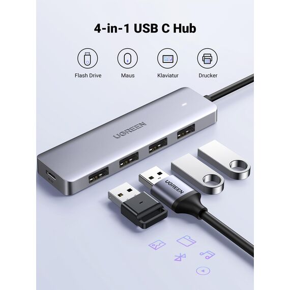 UGREEN USB C Hub mit 4 Ports USB 3.0 OTG Adapter, Verteiler Mit Stromversorgung-Port Kompatibel Mit iPhone 17 Serie, MacBook Serie, iPad, Surface Pro/Go, Thinkpad und Mehr (15cm)