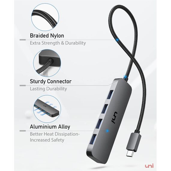 uni USB C Hub mit 4-Port USB 3.0 ultradünner Daten-Hub aus Aluminium, für MacBook Pro/Air, iPad Pro/Air, Dell XPS, Surface Book, iPhone 15 Serie usw.