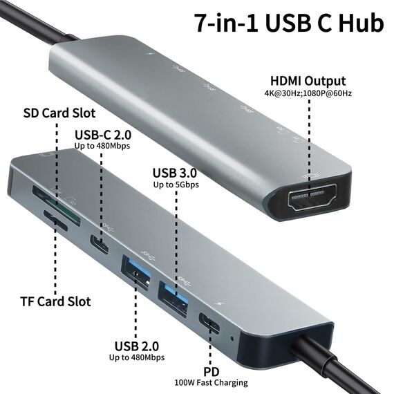 7 in 1 USB C Hub, USB-C Multiport Adapter Mit 4K HDMI, SD&TF Kartenleser, USB 3.0 & USB 2.0 Anschlüsse,100W PD, Typ C auf HDMI Adapter für MacBook Air/Pro, iPad, Samsung und Anderen USB-C-Geräten