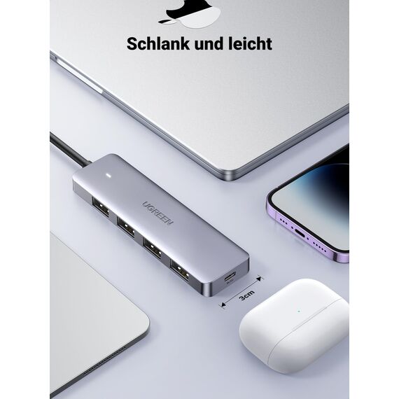UGREEN USB C Hub mit 4 Ports USB 3.0 OTG Adapter, Verteiler Mit Stromversorgung-Port Kompatibel Mit iPhone 17 Serie, MacBook Serie, iPad, Surface Pro/Go, Thinkpad und Mehr (15cm)