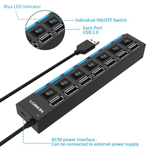 LOBKIN USB Hub 7-Port,Tragbar USB 2.0 Hub mit Einzelnen LED-Netzschaltern fur Laptop, PC, MacBook und weitere USB Geräte