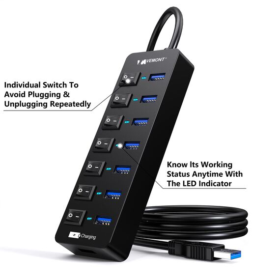 USB Hub Aktiv 3.0 mit Netzteil, VEMONT 7 Ports USB Verteiler USB-Hub und 1 Intelligenter Charging Port mit 5V/3A Netzteil, USB Splitter mit Individuellen Schalter und 1,2m Langes Kabel für PC/Laptop