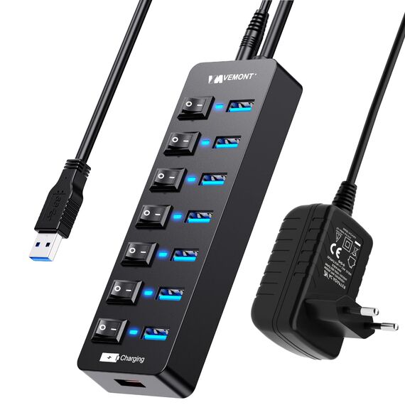 USB Hub Aktiv 3.0 mit Netzteil, VEMONT 7 Ports USB Verteiler USB-Hub und 1 Intelligenter Charging Port mit 5V/3A Netzteil, USB Splitter mit Individuellen Schalter und 1,2m Langes Kabel für PC/Laptop