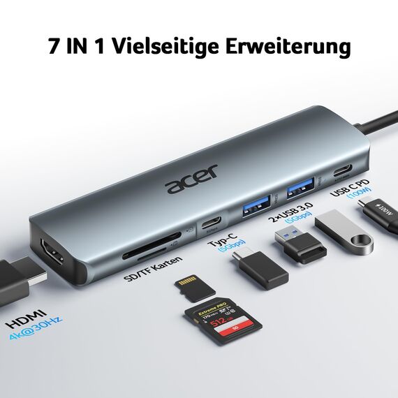 acer USB C Hub, 7IN1 USB-C auf 4K HDMI, 2xUSB 3.0, 1x Typ C 5Gbps, 100W PD, SD/TF Katenleser, Aluminium Docking Station Multiport Adapter für iPhone 15/16 Serie,MacBook/iPad Pro/Air,S24,Surface usw.