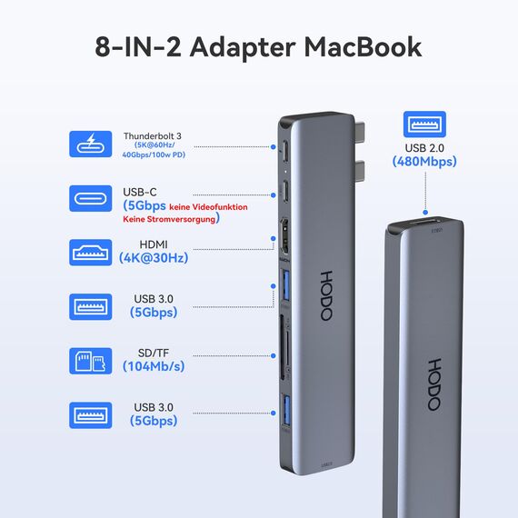 HODO USB C Hub Adapter für MacBook Pro Air, Mac Zubehör 8 in 2 mit 4K HDMI,Thunderbolt 3 Port, USB 3.0/2.0, SD und TF Kartensteckplatz für M3 M2 M1 2024 2023 2022 2021