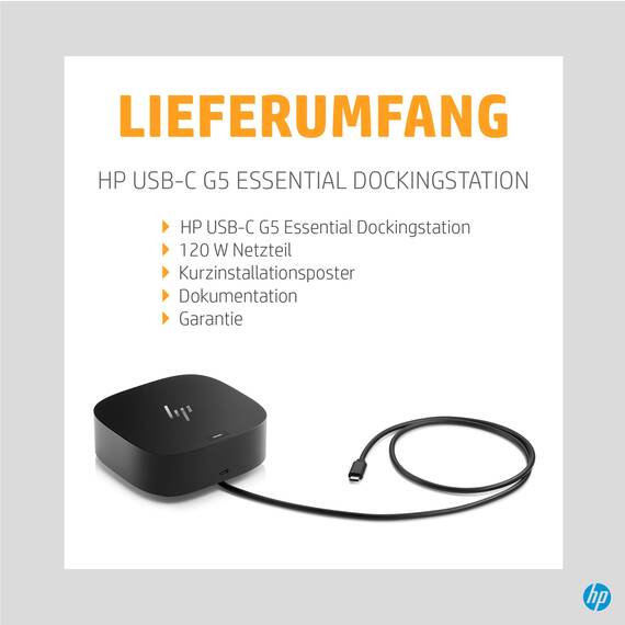 HP USB-C-Dockingstation G5 – Universelle USB-C Dockingstation mit 100W Power Delivery, Multi-OS Kompatibilität, Kompaktes Design, Netzwerkmanagement, Schwarz