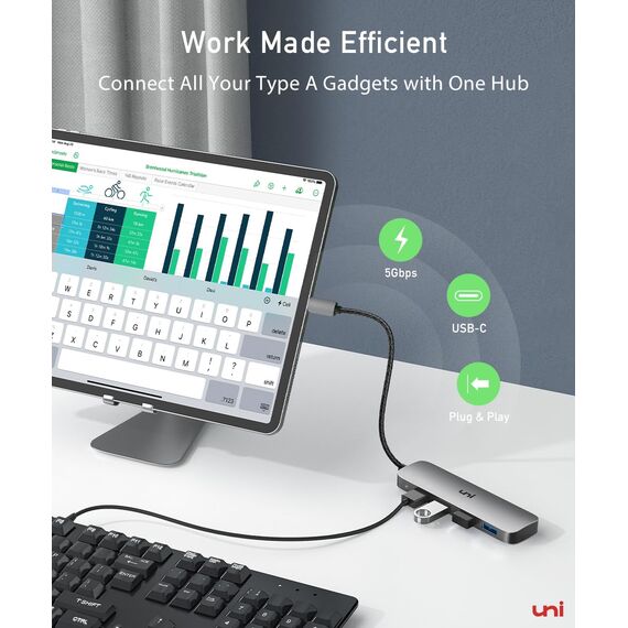 uni USB C Hub mit 4-Port USB 3.0 ultradünner Daten-Hub aus Aluminium, für MacBook Pro/Air, iPad Pro/Air, Dell XPS, Surface Book, iPhone 15 Serie usw.