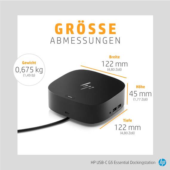 HP USB-C-Dockingstation G5 – Universelle USB-C Dockingstation mit 100W Power Delivery, Multi-OS Kompatibilität, Kompaktes Design, Netzwerkmanagement, Schwarz