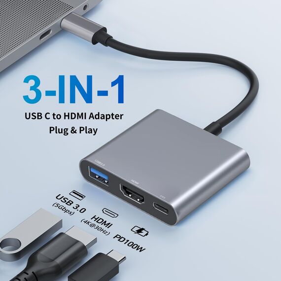 USB C HDMI Adapter, USB-C Digital AV Multiport Hub mit 4K HDMI, USB 3.0 & 100W PD, Typ C auf Hdmi Adapter für MacBook Pro/Air, iPad Pro/Air, Samsung, Surface, HP (Packung mit 2)