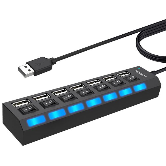 LOBKIN USB Hub 7-Port,Tragbar USB 2.0 Hub mit Einzelnen LED-Netzschaltern fur Laptop, PC, MacBook und weitere USB Geräte