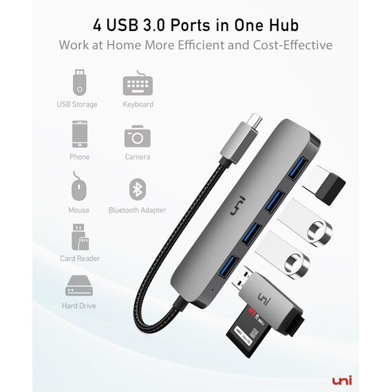 uni USB C Hub mit 4-Port USB 3.0 ultradünner Daten-Hub aus Aluminium, für MacBook Pro/Air, iPad Pro/Air, Dell XPS, Surface Book, iPhone 15 Serie usw.