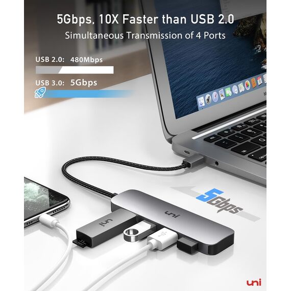 uni USB C Hub mit 4-Port USB 3.0 ultradünner Daten-Hub aus Aluminium, für MacBook Pro/Air, iPad Pro/Air, Dell XPS, Surface Book, iPhone 15 Serie usw.