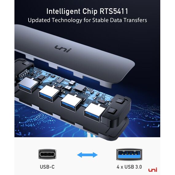 uni USB C Hub mit 4-Port USB 3.0 ultradünner Daten-Hub aus Aluminium, für MacBook Pro/Air, iPad Pro/Air, Dell XPS, Surface Book, iPhone 15 Serie usw.