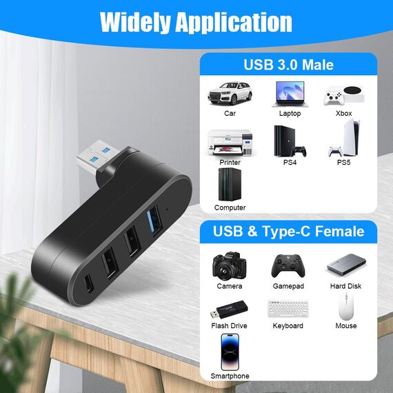 AXFEE 2 Stück USB 3.0 Hub, drehbarer 3-Port-Splitter Hub, USB 2.0 + USB 3.0 + Typ C für Computer, Laptop, MacBook, USB-Stick, Drucker, Tastatur, Maus, Kopfhörer Neo