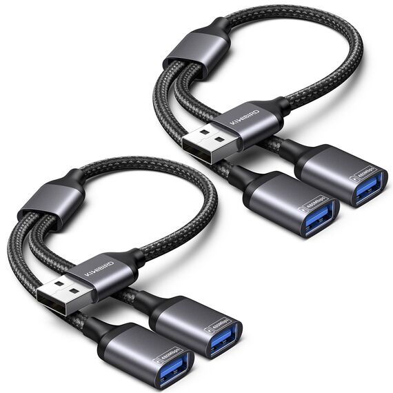 KiWiBiRD USB Splitter 1 zu 2, USB Doppelstecker Y Kabel 1 auf 2 Adapter (2 Stück), Dual Port Erweiterung Ladekabel für Strom und Daten Mini HUB Kompatibel mit PC Laptop Mac PS5 Tastatur Mäuse