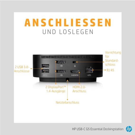 HP USB-C-Dockingstation G5 – Universelle USB-C Dockingstation mit 100W Power Delivery, Multi-OS Kompatibilität, Kompaktes Design, Netzwerkmanagement, Schwarz