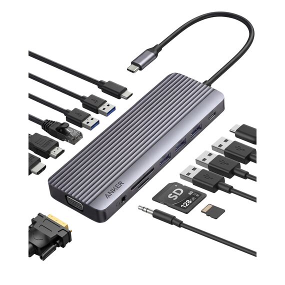 Anker Triple Display USB-C Hub (14-in-1), Dreifaches Display, 4K@60Hz HDMI mit 80W Max Power Delivery, 5 Gbit/s USB-C USB-A Datenports, Für MacBook, Lenovo, Dell XPS, HP Laptops (Ohne Ladegerät)