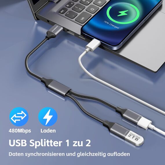 KiWiBiRD USB Splitter 1 zu 2, USB Doppelstecker Y Kabel 1 auf 2 Adapter (2 Stück), Dual Port Erweiterung Ladekabel für Strom und Daten Mini HUB Kompatibel mit PC Laptop Mac PS5 Tastatur Mäuse