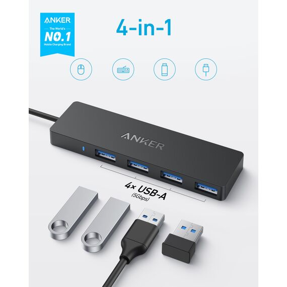 Anker USB-C Hub, 4 Port USB 3.0 Datenhub mit 5 Gbit/s Datenübertragung, 60cm Erweiterungskabel (ohne Ladeleistung), USB-C Splitter für Typ-C MacBook, Mac Pro, iMac, Surface, Flash Drive, Mobile HDD