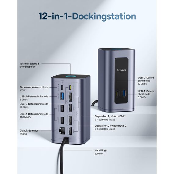 Baseus Nomos Air Mac 12 in 1, Displaylink Docking Station, Dockingstation 2 Monitore Erweiterung für macOS, mit 2K HDMI/DP, 10Gbps USB-C/A, 100W PD, Gigabit Ethernet, Displaylink-Treiber Erforderlich