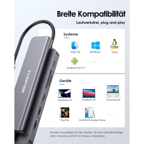 LENTION USB C Hub mit 100W PD Aufladung, 4K@60Hz HDMI, SD/TF Kartenleser, USB-3.0, Adapter USB-C auf USB kompatibel mit MacBook Pro/Air 2018-2026, iPhone 17/16/15/Pro/Pro Max und mehr