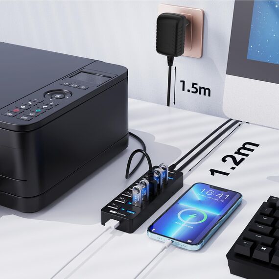 USB Hub Aktiv 3.0 mit Netzteil, VEMONT 7 Ports USB Verteiler USB-Hub und 1 Intelligenter Charging Port mit 5V/3A Netzteil, USB Splitter mit Individuellen Schalter und 1,2m Langes Kabel für PC/Laptop