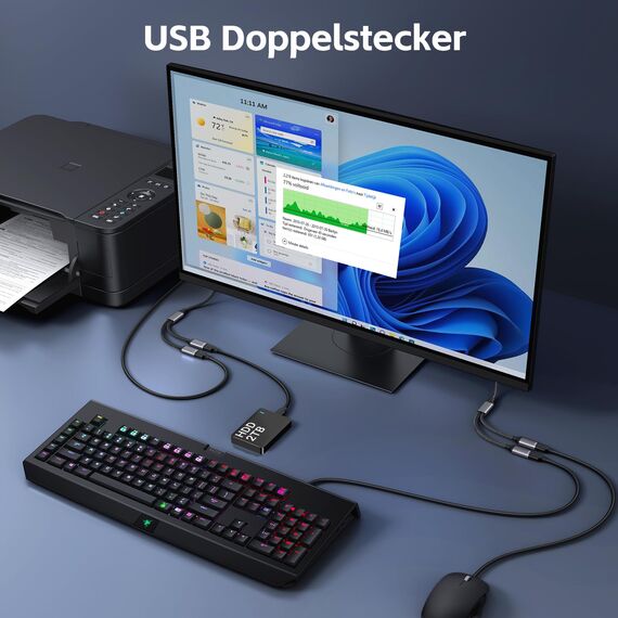 KiWiBiRD USB Splitter 1 zu 2, USB Doppelstecker Y Kabel 1 auf 2 Adapter (2 Stück), Dual Port Erweiterung Ladekabel für Strom und Daten Mini HUB Kompatibel mit PC Laptop Mac PS5 Tastatur Mäuse