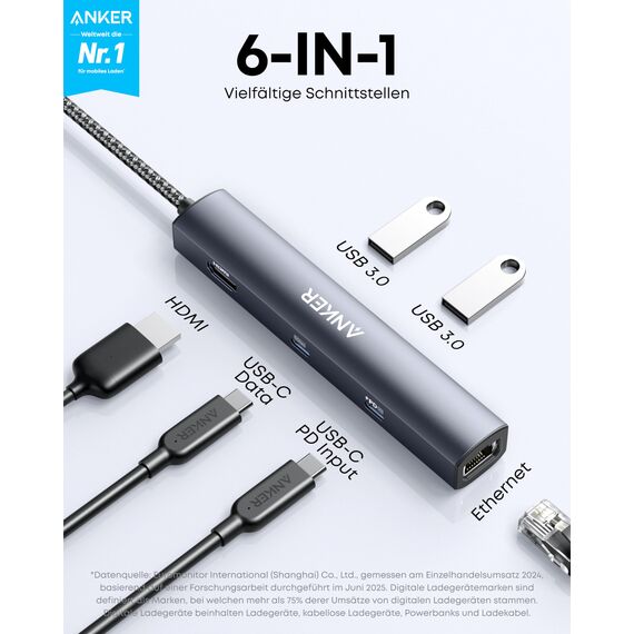 Anker PowerExpand 6-in-1 Ethernet Adapter, PD USB C Hub, 65 PD, 4K HDMI, 1Gbps Ethernet, Daten, 2 USB 3.0 Datenports, kompatibel mit MacBook Pro, MacBook Air, iPad Pro, XPS