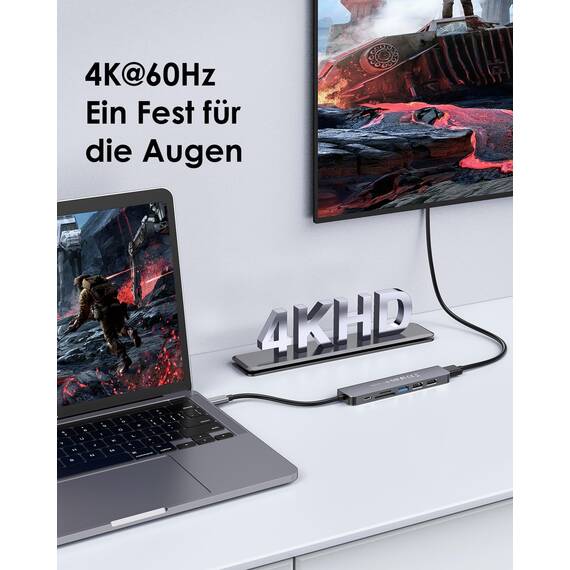 LENTION USB C Hub mit 100W PD Aufladung, 4K@60Hz HDMI, SD/TF Kartenleser, USB-3.0, Adapter USB-C auf USB kompatibel mit MacBook Pro/Air 2018-2026, iPhone 17/16/15/Pro/Pro Max und mehr