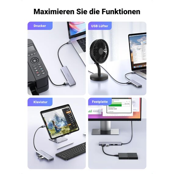 UGREEN USB C Hub mit 4 Ports USB 3.0 OTG Adapter, Verteiler Mit Stromversorgung-Port Kompatibel Mit iPhone 17 Serie, MacBook Serie, iPad, Surface Pro/Go, Thinkpad und Mehr (15cm)