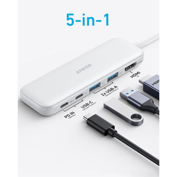 Anker 332 USB-C Hub (5-in-1) with 4K HDMI Display, 5Gbps - and 2 5Gbps USB-A Data Ports and for MacBook Pro, MacBook Air, Dell XPS, Lenovo Thinkpad, HP Laptops and More (Weiß)
