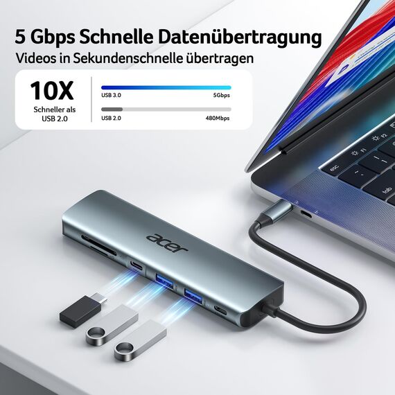 acer USB C Hub, 7IN1 USB-C auf 4K HDMI, 2xUSB 3.0, 1x Typ C 5Gbps, 100W PD, SD/TF Katenleser, Aluminium Docking Station Multiport Adapter für iPhone 15/16 Serie,MacBook/iPad Pro/Air,S24,Surface usw.