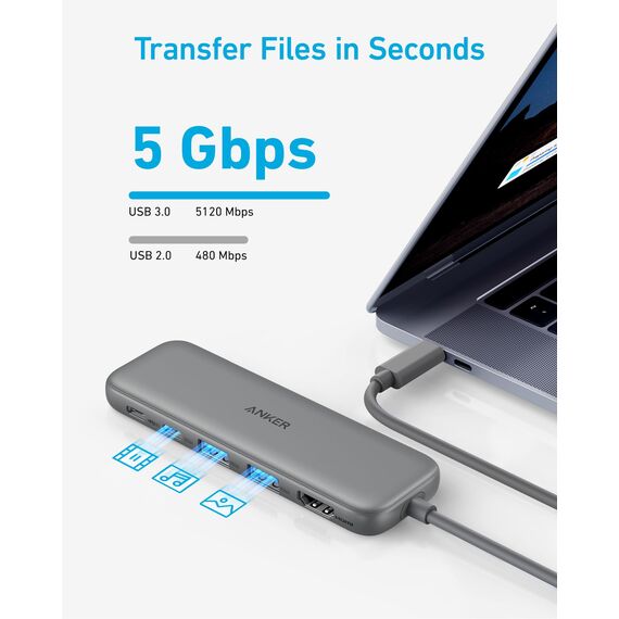 Anker USB C Hub, 332 USB-C Hub (5-in-1) mit 4K HDMI Display, 5Gbps Datenanschluss und 2 USB-A Ports für MacBook Pro, Air, Dell XPS, Lenovo Thinkpad, HP Laptops Mehr