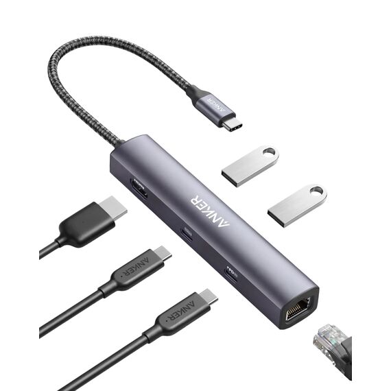 Anker PowerExpand 6-in-1 Ethernet Adapter, PD USB C Hub, 65 PD, 4K HDMI, 1Gbps Ethernet, Daten, 2 USB 3.0 Datenports, kompatibel mit MacBook Pro, MacBook Air, iPad Pro, XPS
