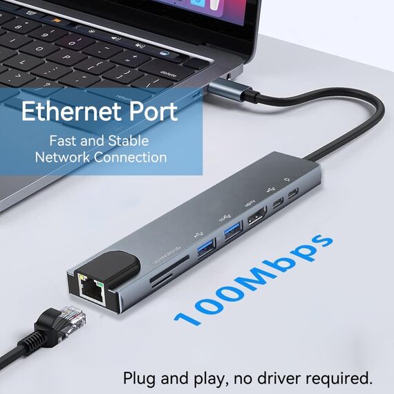 8 in 1 USB C Hub, USB C Multiport Adapter mit Ethernet, PD 100W, 4K HDMI, USB 3.0 & USB 2.0 Anschlüsse, SD&TF Kartenleser, Typ C Hub für MacBook Air/Pro, iPad, Samsung, Dell XPS, HP