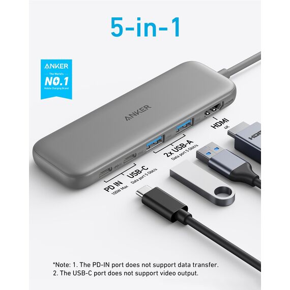 Anker USB C Hub, 332 USB-C Hub (5-in-1) mit 4K HDMI Display, 5Gbps Datenanschluss und 2 USB-A Ports für MacBook Pro, Air, Dell XPS, Lenovo Thinkpad, HP Laptops Mehr