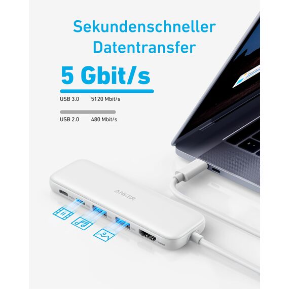 Anker 332 USB-C Hub (5-in-1) with 4K HDMI Display, 5Gbps - and 2 5Gbps USB-A Data Ports and for MacBook Pro, MacBook Air, Dell XPS, Lenovo Thinkpad, HP Laptops and More (Weiß)