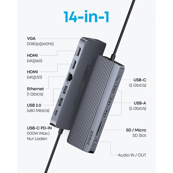 Anker Triple Display USB-C Hub (14-in-1), Dreifaches Display, 4K@60Hz HDMI mit 80W Max Power Delivery, 5 Gbit/s USB-C USB-A Datenports, Für MacBook, Lenovo, Dell XPS, HP Laptops (Ohne Ladegerät)