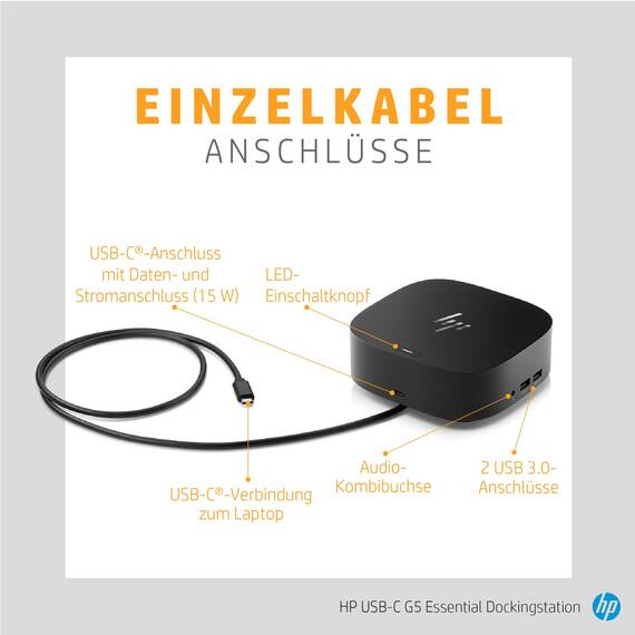 HP USB-C-Dockingstation G5 – Universelle USB-C Dockingstation mit 100W Power Delivery, Multi-OS Kompatibilität, Kompaktes Design, Netzwerkmanagement, Schwarz