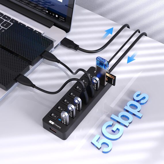 USB Hub Aktiv 3.0 mit Netzteil, VEMONT 7 Ports USB Verteiler USB-Hub und 1 Intelligenter Charging Port mit 5V/3A Netzteil, USB Splitter mit Individuellen Schalter und 1,2m Langes Kabel für PC/Laptop