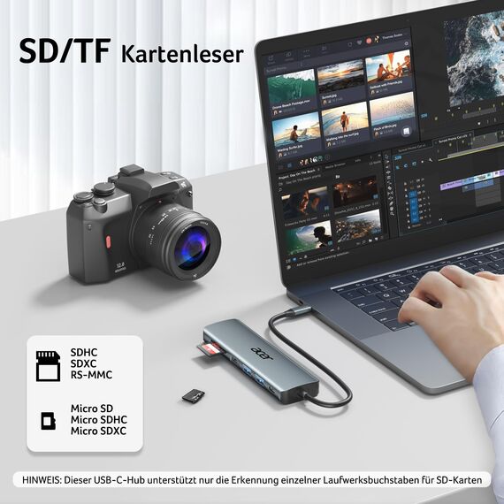 acer USB C Hub, 7IN1 USB-C auf 4K HDMI, 2xUSB 3.0, 1x Typ C 5Gbps, 100W PD, SD/TF Katenleser, Aluminium Docking Station Multiport Adapter für iPhone 15/16 Serie,MacBook/iPad Pro/Air,S24,Surface usw.