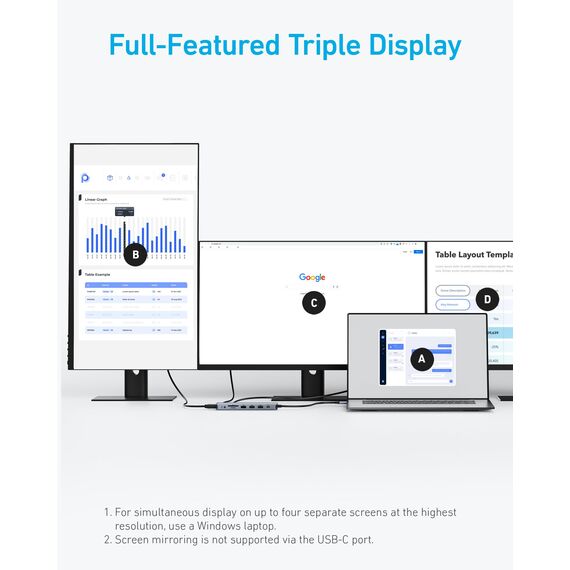 Anker Triple Display USB-C Hub (14-in-1), Dreifaches Display, 4K@60Hz HDMI mit 80W Max Power Delivery, 5 Gbit/s USB-C USB-A Datenports, Für MacBook, Lenovo, Dell XPS, HP Laptops (Ohne Ladegerät)
