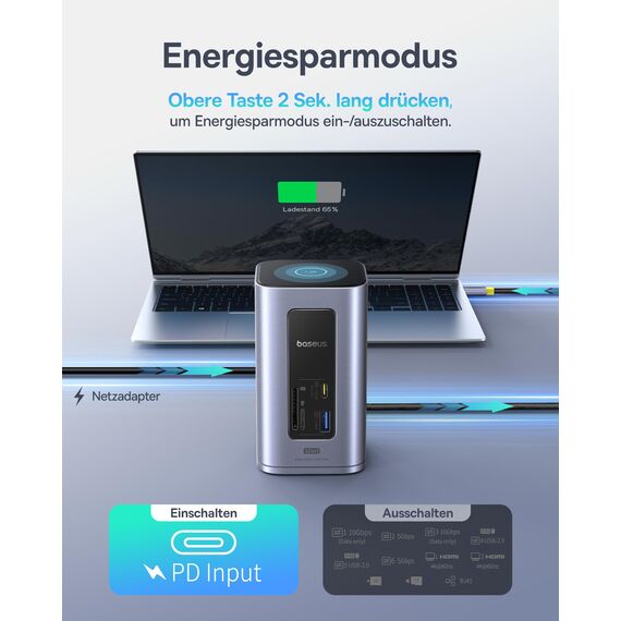 Baseus Nomos Air 12 in 1 Docking Station Dockingstation 2 Monitore für Windows, mit 4K HDMI, 10Gbps USB-C/A, SD/TF, 100W PD, Gigabit Ethernet, Kompatibel für Laptop HP/Lenovo/Dell/Acer