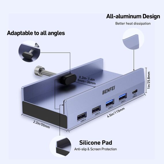 BENFEI 8-in-1 USB C Hub mit sicherer Klemmfunktion – Mit 4K@60Hz HDMI, Gigabit Ethernet, 100W PD, 10Gbps 1x USB-C / 2 x USB-A 3.2, 2 x USB-A 2.0– Kompatibel mit MacBook iPad Pro iMac S23 XPS17