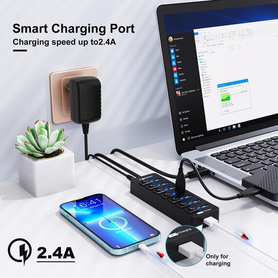 USB Hub Aktiv 3.0 mit Netzteil, VEMONT 7 Ports USB Verteiler USB-Hub und 1 Intelligenter Charging Port mit 5V/3A Netzteil, USB Splitter mit Individuellen Schalter und 1,2m Langes Kabel für PC/Laptop