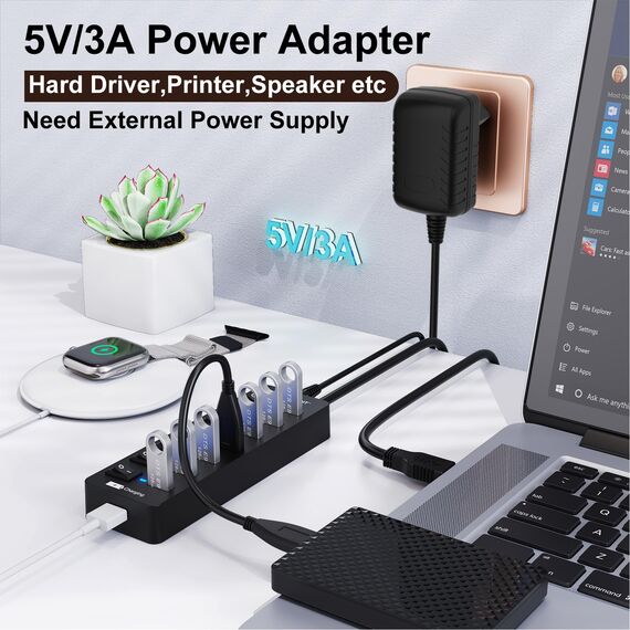 USB Hub Aktiv 3.0 mit Netzteil, VEMONT 7 Ports USB Verteiler USB-Hub und 1 Intelligenter Charging Port mit 5V/3A Netzteil, USB Splitter mit Individuellen Schalter und 1,2m Langes Kabel für PC/Laptop