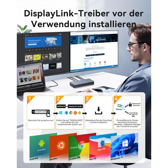 DisplayLink Dockingstation für MacBook M1/M2/M3 - Triple 4K@60Hz Monitor Erweiterung, 18-in-1 USB C Dock mit 140W Netzadapter, 3 HDMI, 2 DP, Ethernet, 10G USB-C/A, Display-Link Treiber Erforderlich