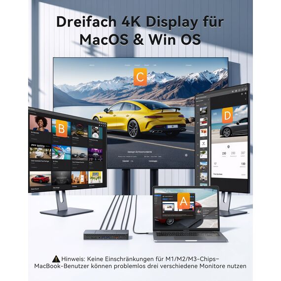 DisplayLink Dockingstation für MacBook M1/M2/M3 - Triple 4K@60Hz Monitor Erweiterung, 18-in-1 USB C Dock mit 140W Netzadapter, 3 HDMI, 2 DP, Ethernet, 10G USB-C/A, Display-Link Treiber Erforderlich