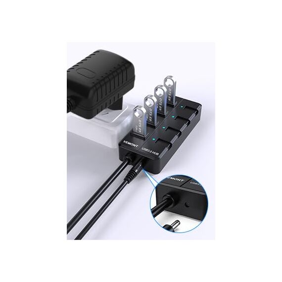 USB Hub mit Netzteil,VEMONT 4 Ports USB3.0 Hub USB Verteiler Aktiv Adapter und Einzelne EIN/Aus-Schalter 1,2m langes Kabel mit 5V/3A Netzteil Adapter für PC/Laptops und Ultrabooks
